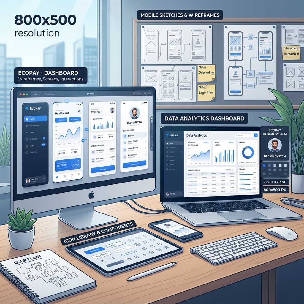 UI/UX wireframes and user interface designs on screen